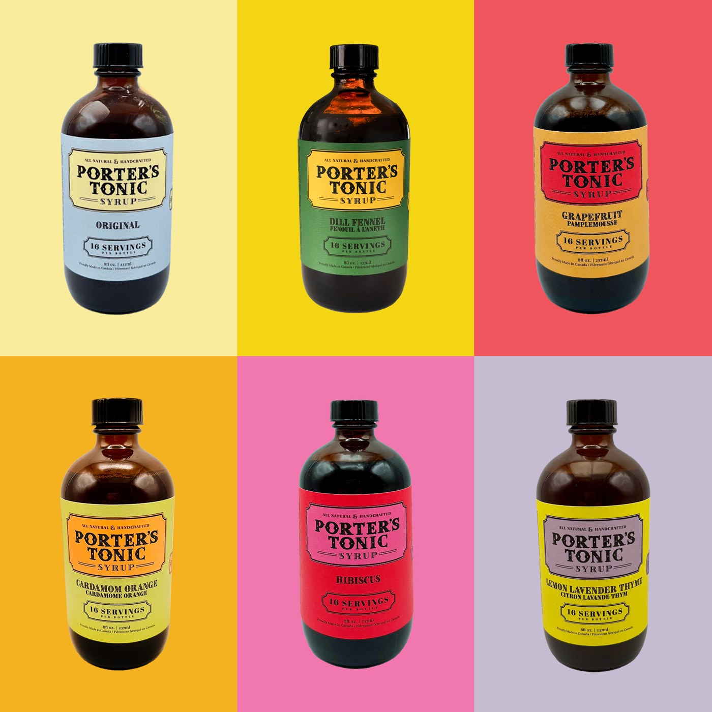 Six Porter’s Tonic flavours, each bottle on a colour that matches its label